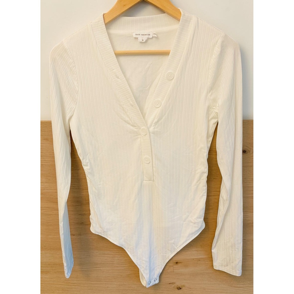 Good American Rib Knit Henley V-Neck button front Women Medium Cream Bodysuit